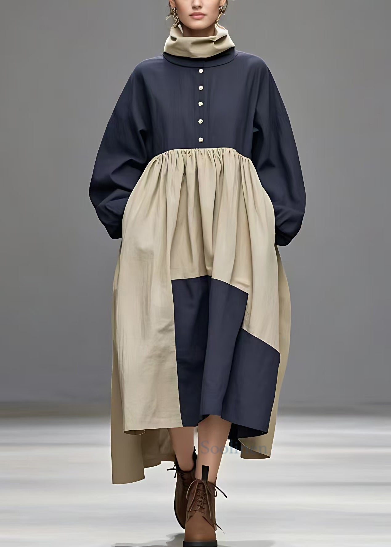 VCSHOES Navy Turtleneck Pockets Patchwork Cotton Dress Long Sleeve