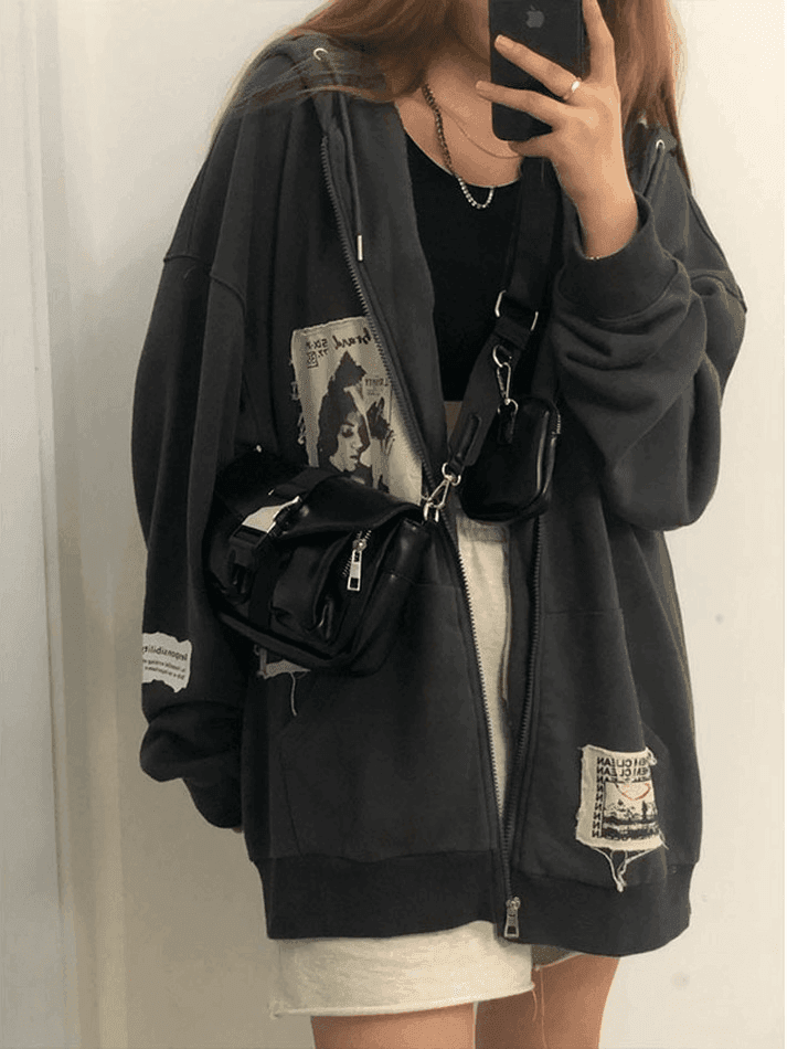 Toloer Patchwork Oversized Zip Up Hoodie-Outfit Ideas
