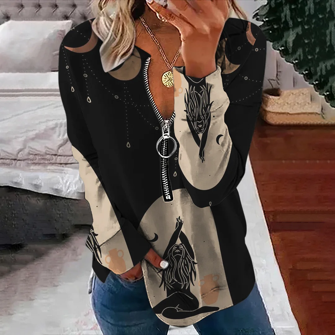 Vintage Goddess Moon Print Zip Round Neck Sweatshirt