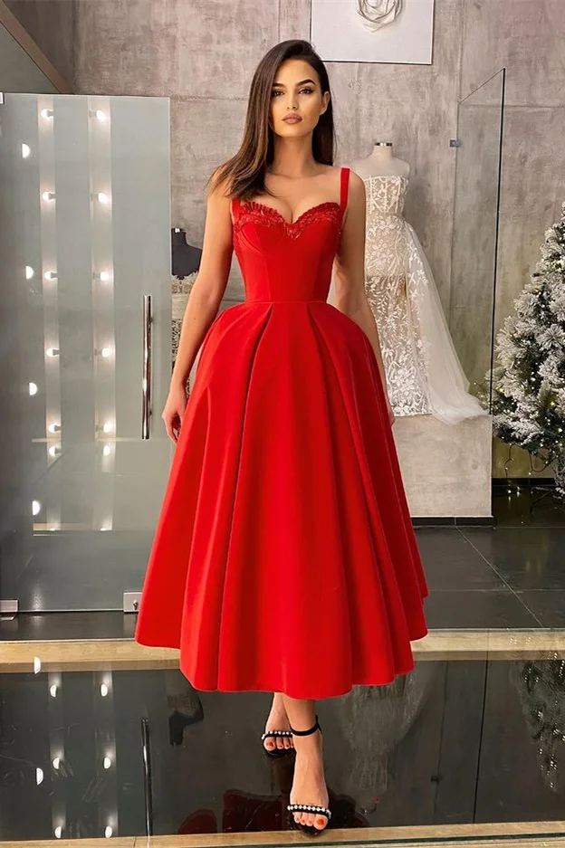 Classic Red Straps Prom Dress Tea-Length Sweetheart With Sequins - lulusllly