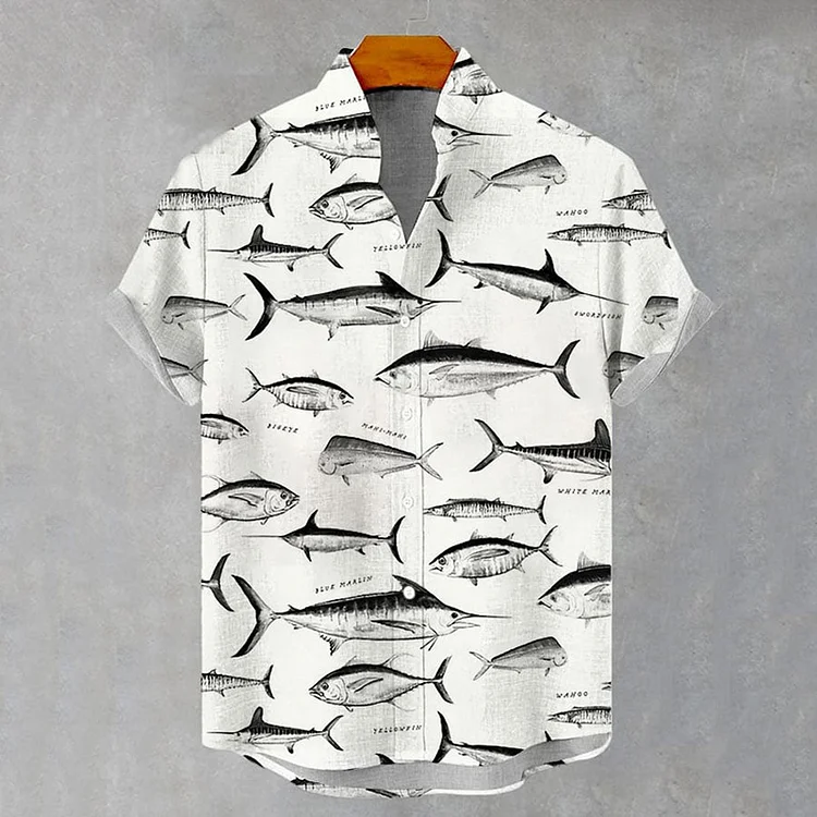 Men'S Vintage Fish Print Casual Short Sleeve Shirt