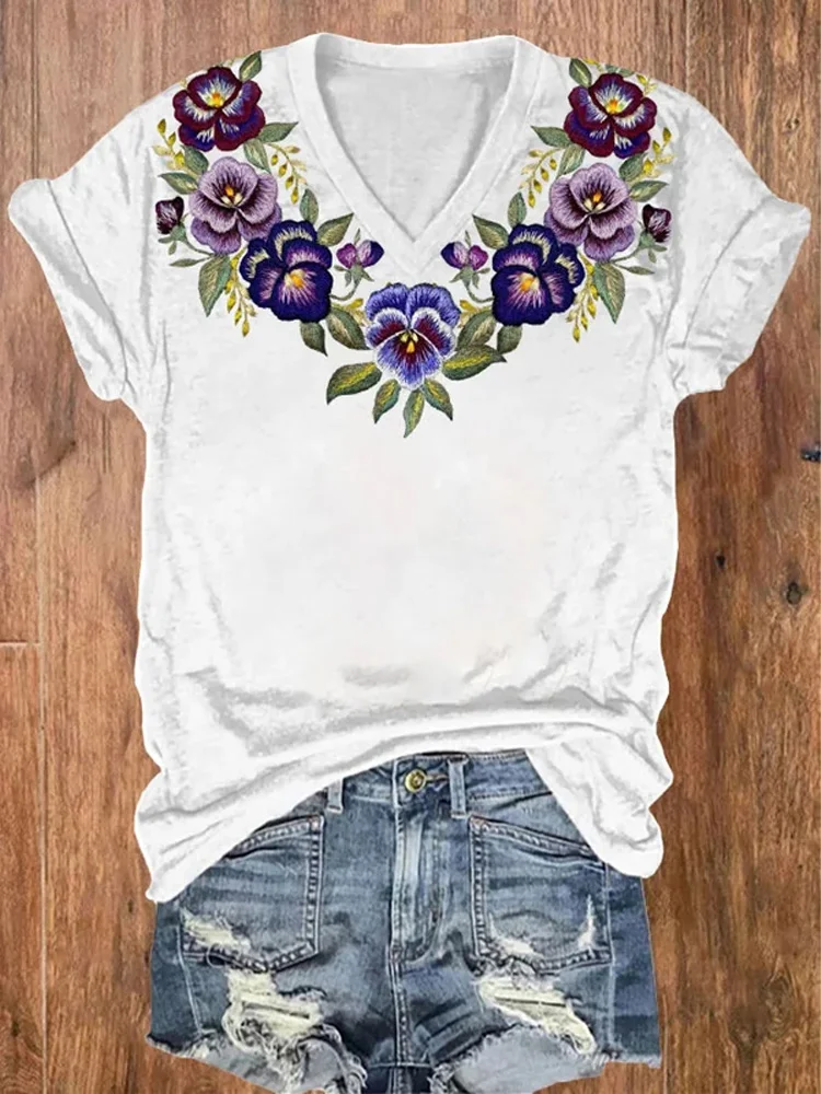 Women's Alzheimer's Purple Floral V-Neck T-Shirt