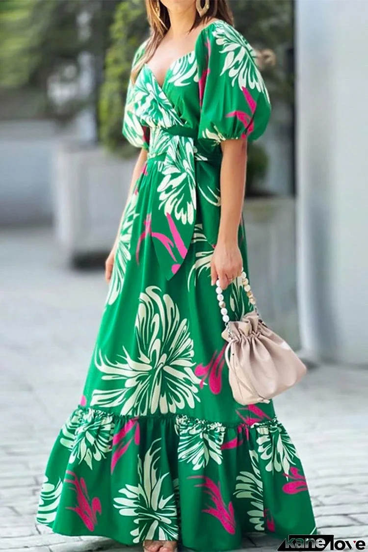 Elegant Floral Fold V Neck A Line Dresses