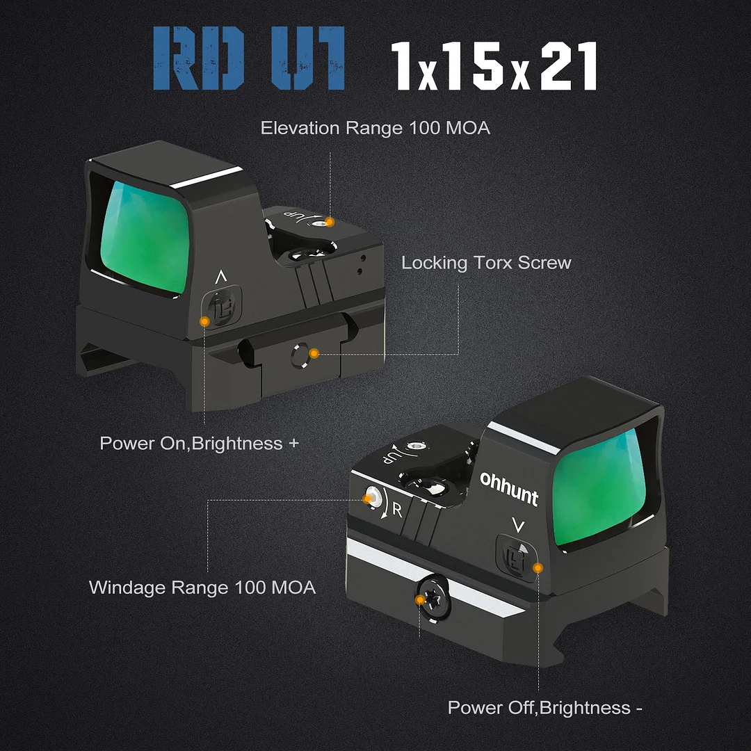 ohhunt® 1X21X15mm Green Dot Sight 3 MOA Reflex Sight Pistol Green Dot Scope with 21mm Picatinny Rail Mounts 10 Brightness Settings Shake Awake IPX7 Waterproof