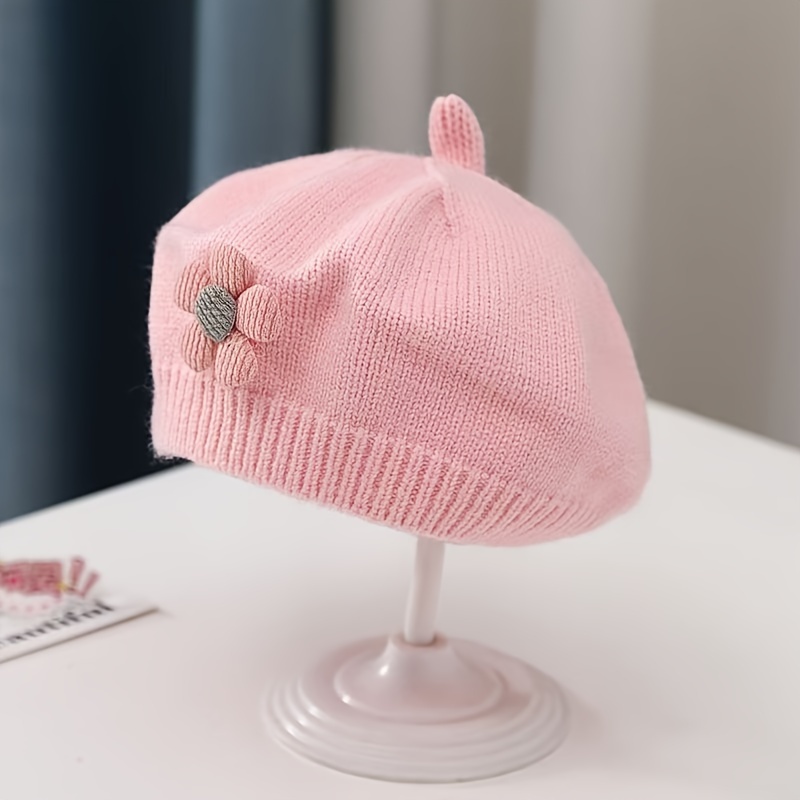 Floral Beret Toddler Hat, Cotton Knit Stretchy Beanie, Soft Breathable Comfortable Hat for Girls, Mixed Colors, Hand Wash or Dry Clean, Perfect for Autumn\u002FWinter, Birthday, Infant Clothing Accessories