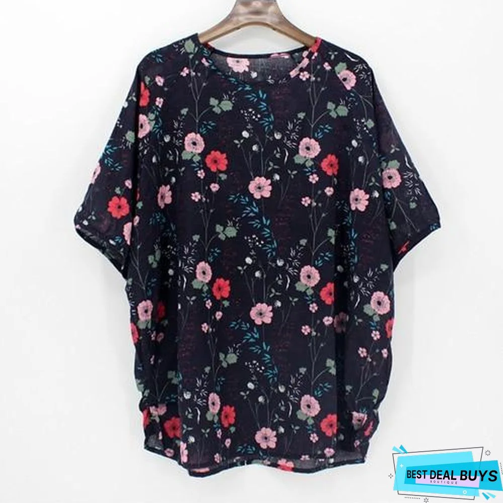 Plus Size Women Batwing Casual Tops Tees Floral Print Cotton Linen Blouses