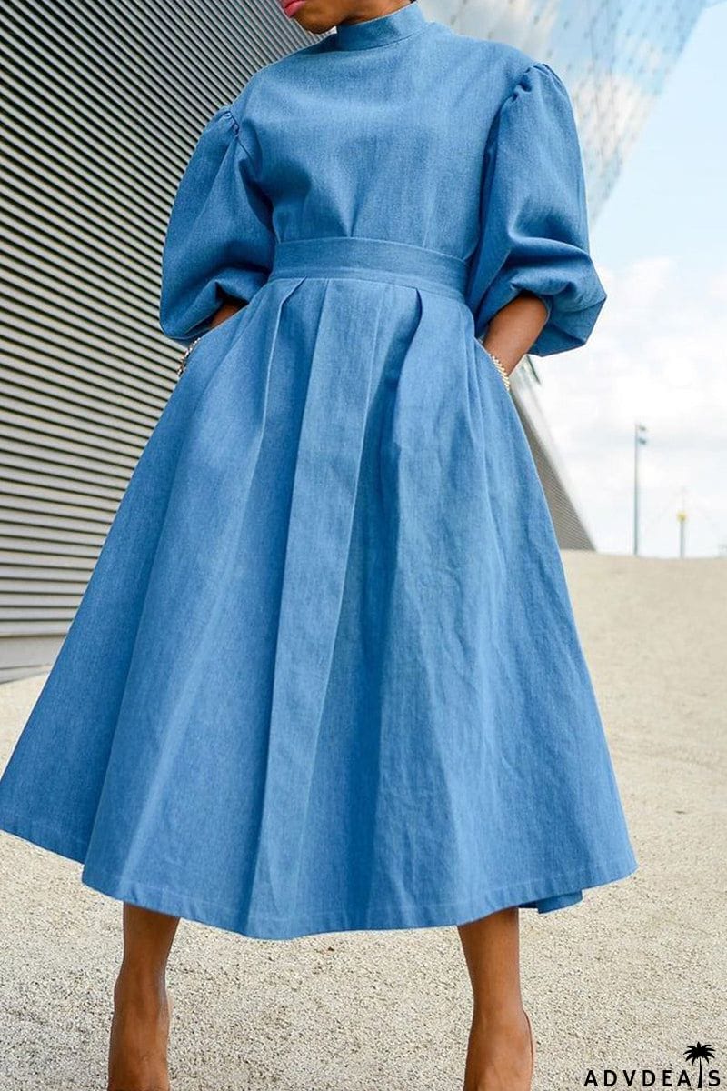 Turtleneck Neck Puff Sleeve Midi Dress