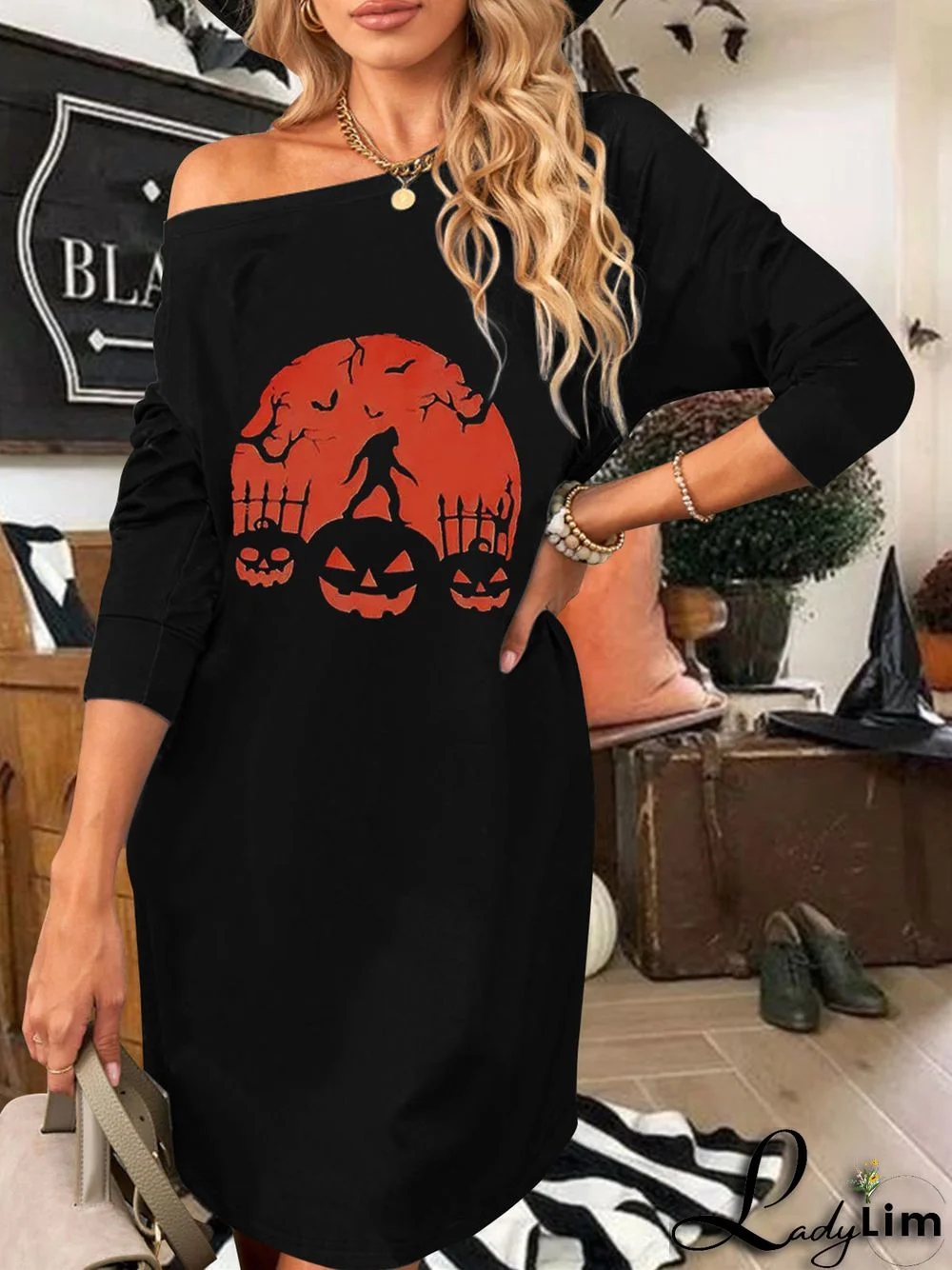 Women Long Sleeve Scoop Neck Graphic Midi Dress