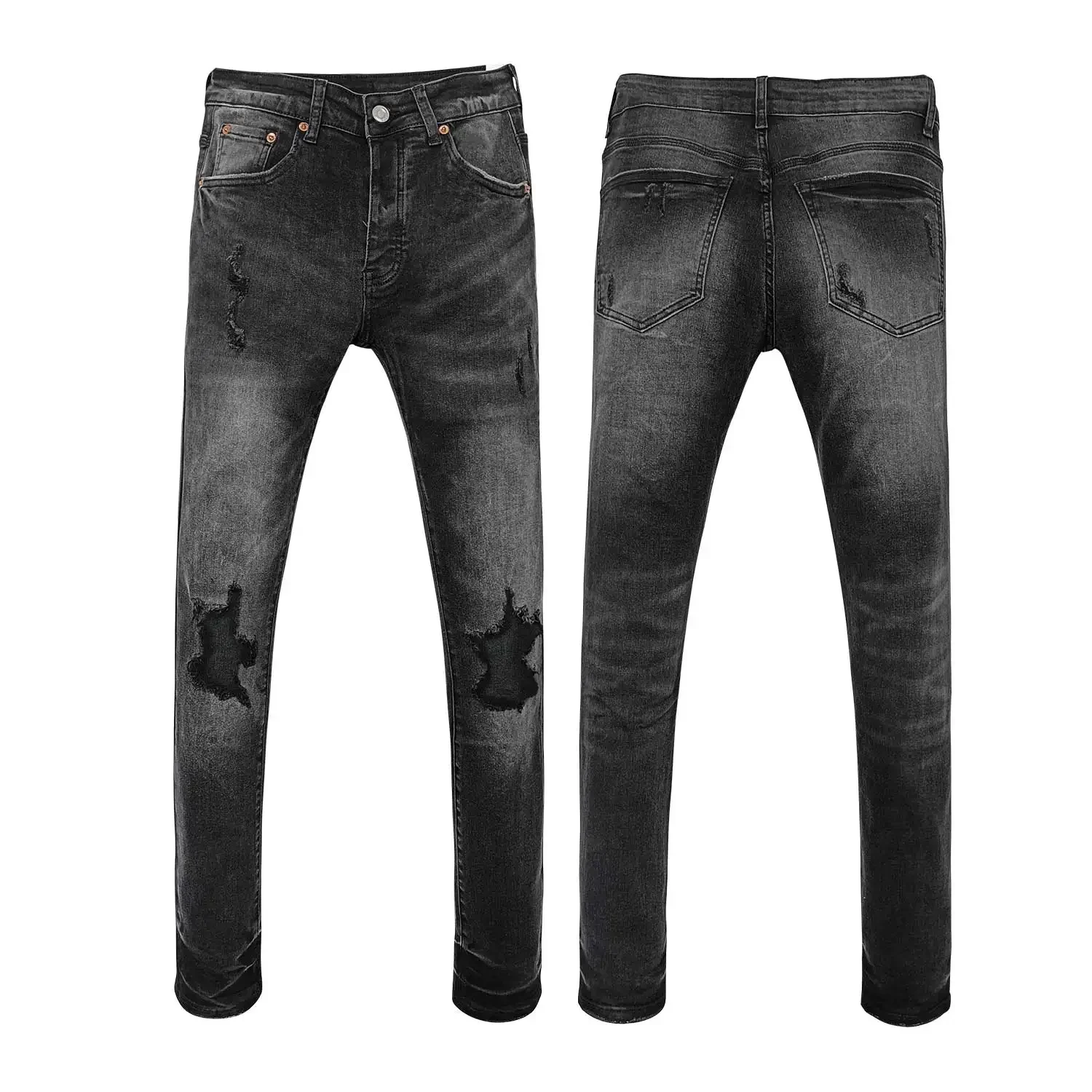 Wimaskel New Purples jeans American high street Retro wash hole patch trend straight Stylish low raise Elastic Skinny jeans brand pants