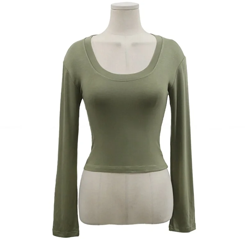 Brownm Women Sexy O-neck Cropped T-shirts Girls Full Sleeve Sheath Thin Tshirt Basic Crop Tops For Female 2021 Spring Summer