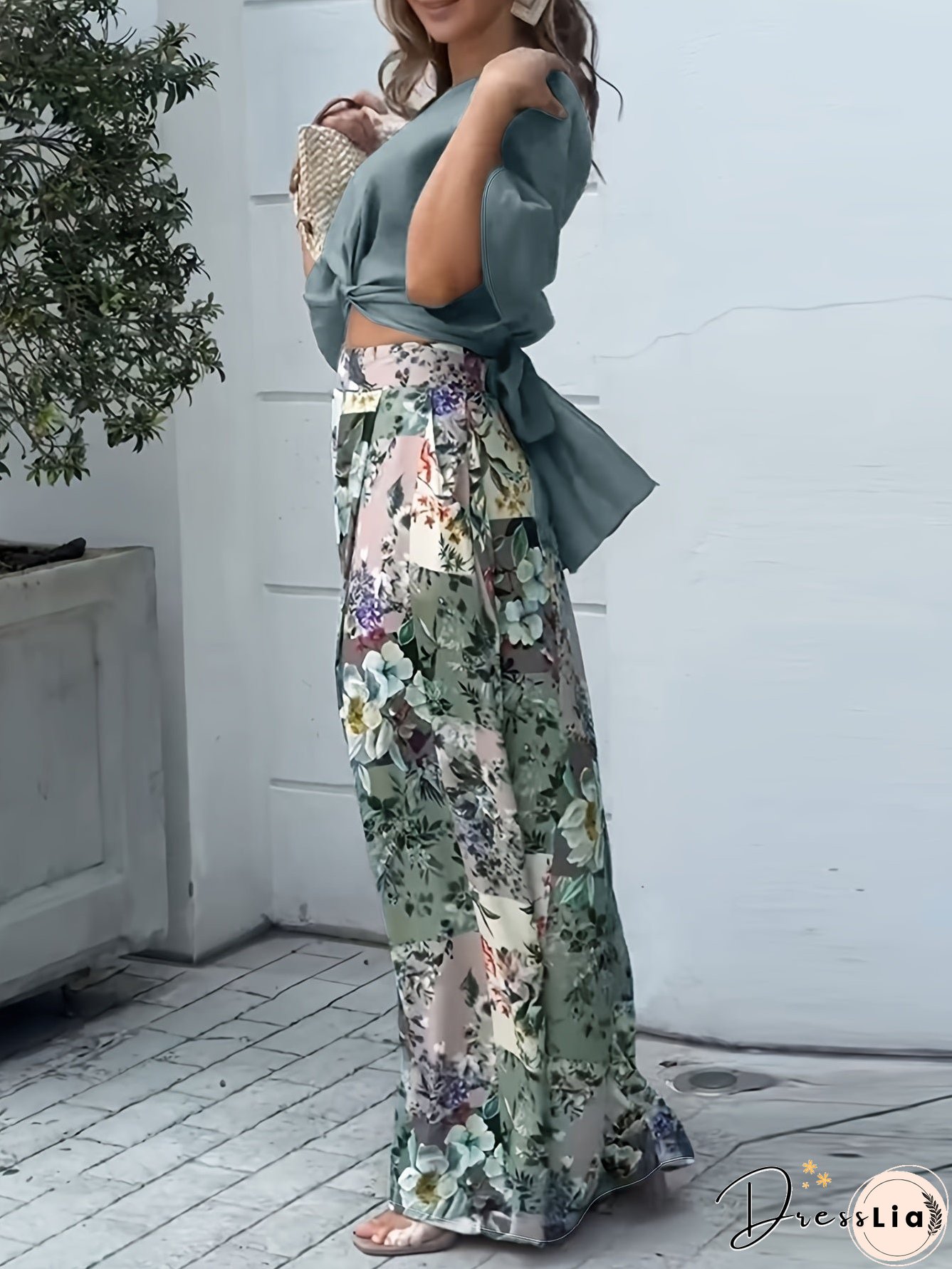 Plus Size Floral Print Two-piece Set, V Neck Twist Front 3/4 Sleeve Top & High Waist Pants Outfits, Women's Plus Size Clothing