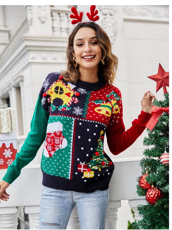 Casual Color Block Christmas Festival Sweater
