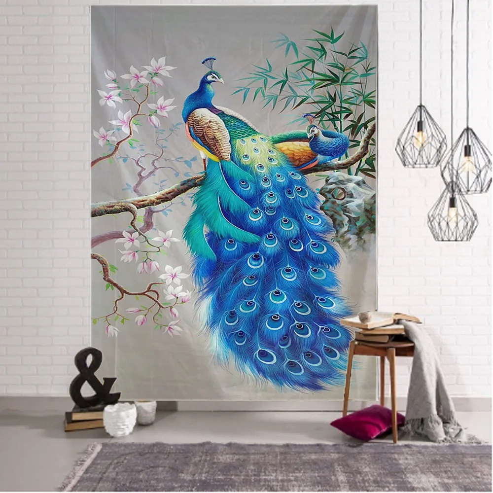 Sdrawing Forest Bird Peacock Couple Tapestry Home Bedroom Living Room Background Wall Decoration