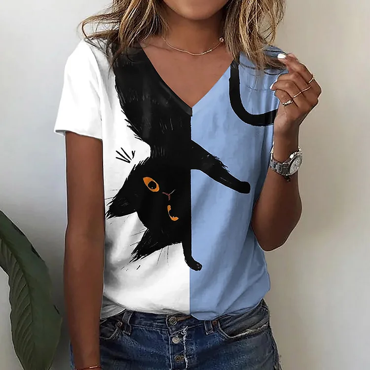 Women's Cute Cat Color Patchwork Print T-Shirt V-Neck Short Sleeve Cat Casual Tee