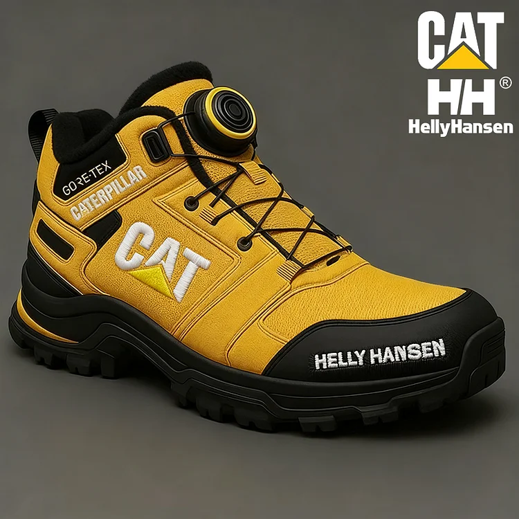 Ciepłe, zimowe, wodoodporne i odporne na przebicie męskie buty robocze marki CAT i Helly Hansen.