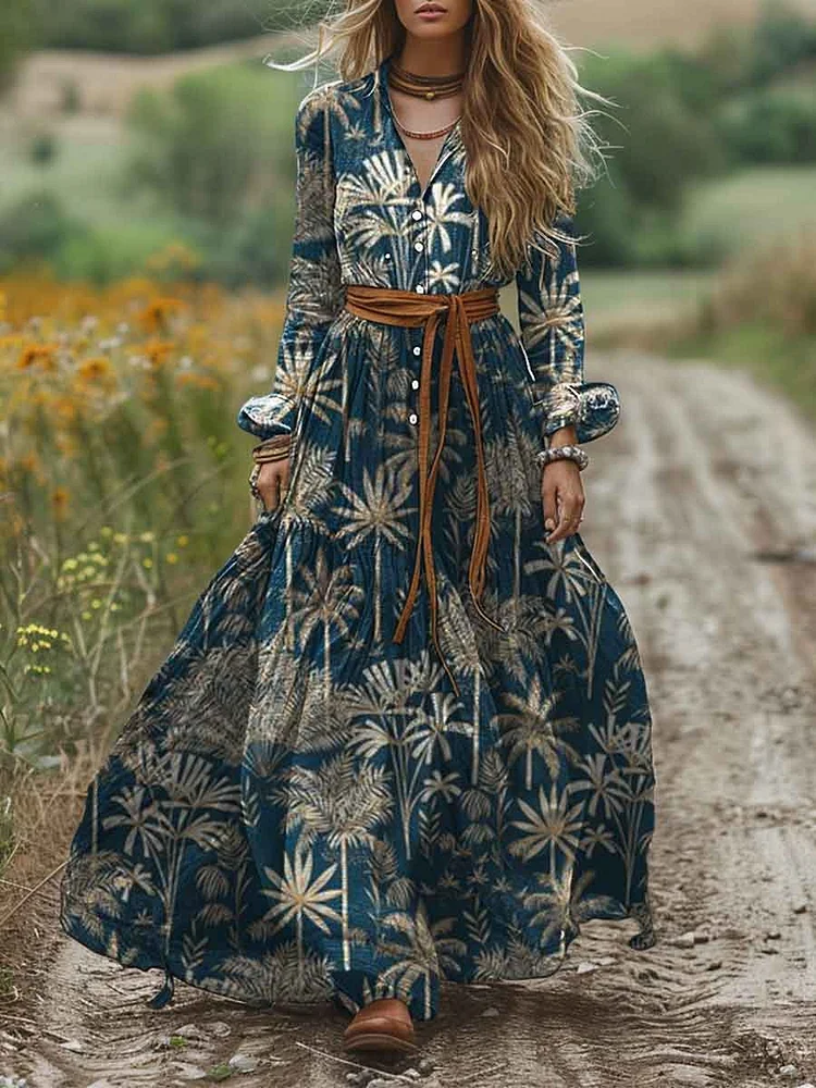Women Lapel Vintage Leaf Print Pocket Cotton A-Line Dress