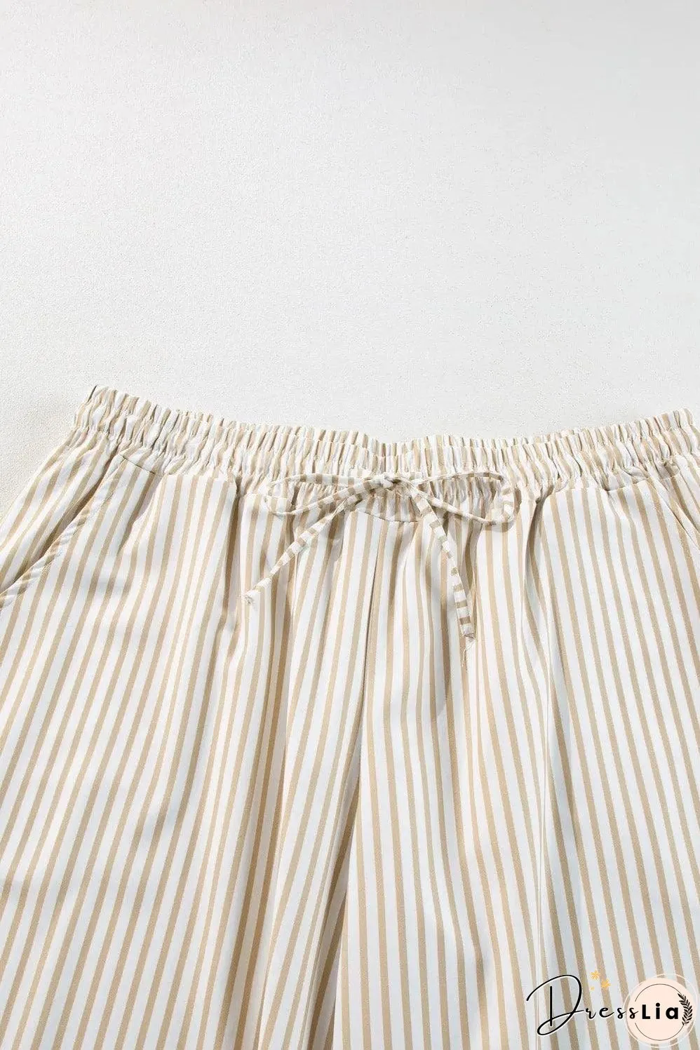 Khaki Stripe Plus Size Drawstring High Waist Wide Leg Pants