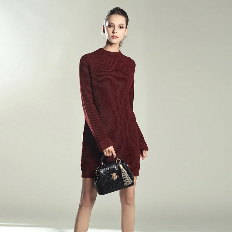 Autumn Winter Solid Knitted Cotton Sweater Dresses Women Fashion Loose O-neck Pullover Female Knitted Dress Vestidos Feminino