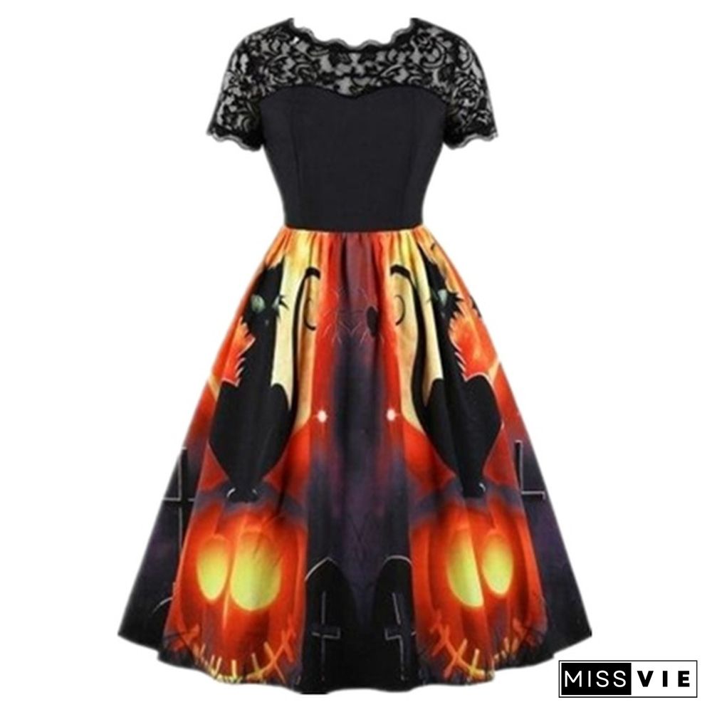 7 Colors Women Fashion Pumpkin Snowflake Print Dress Short Sleeve Lace Dress Christmas Halloween Costume Knee Length Party Dresses
