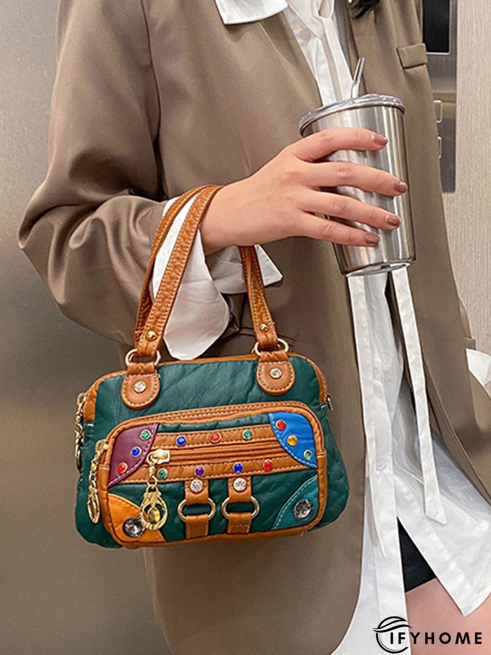 Retro Ethnic Style Mosaic Rhinestone Zipper Messenger Bag | IFYHOME