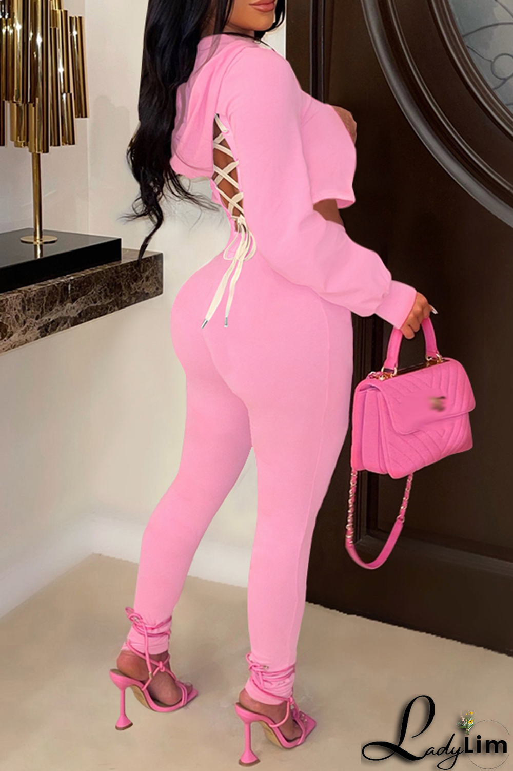 Blue Fashion Solid Patchwork V Neck Long Sleeve Two Pieces