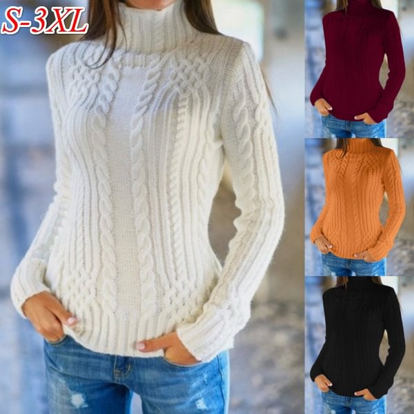Plus Size Women Long Sleeve High Collar Knitted Sweaters Autumn Winter Thicken Knitwear Tops Pullover High Quality S-3XL - Shop Trendy Women's Fashion | TeeYours