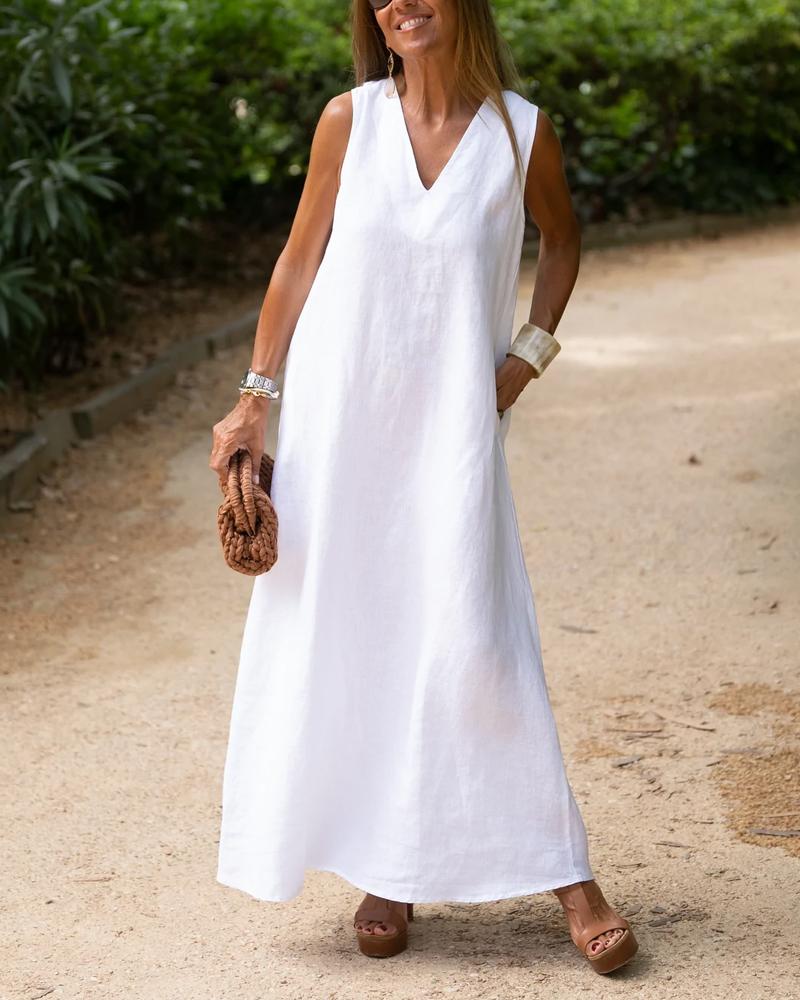 Cotton Linen Simple V-neck Sleeveless Dress