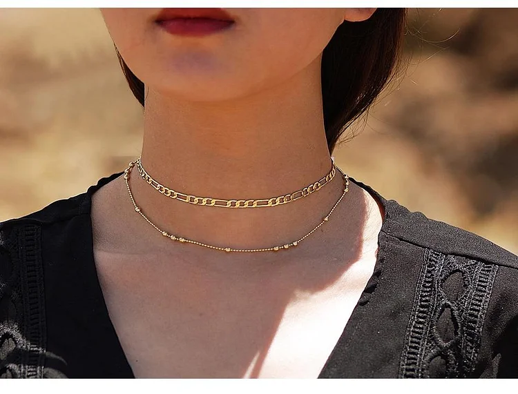 Women Fashion Double Layer Gold Chain Choker Necklace