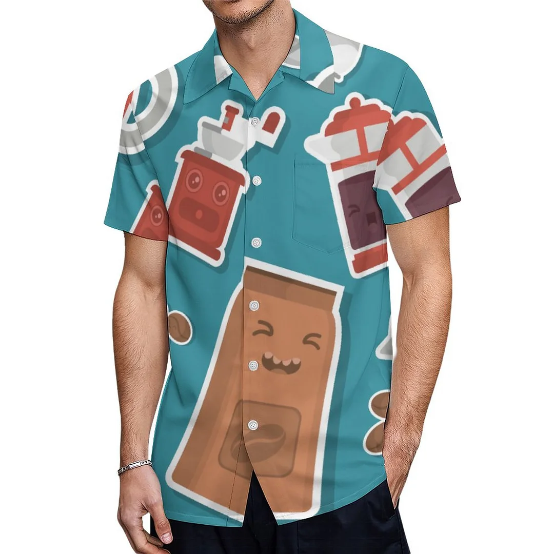 Coffee Lovers Caffeine Themed Kawaii Hawaiian Shirt Mens Button Down Plus Size Tropical Hawaii Beach Shirts