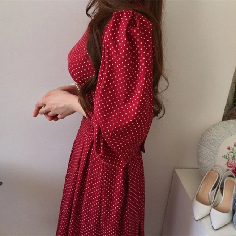 Spring Fashion French Vintage Maxi 2021 Ladies Lantern Sleeve Dot Chiffon Dresses Femme Autumn Robe