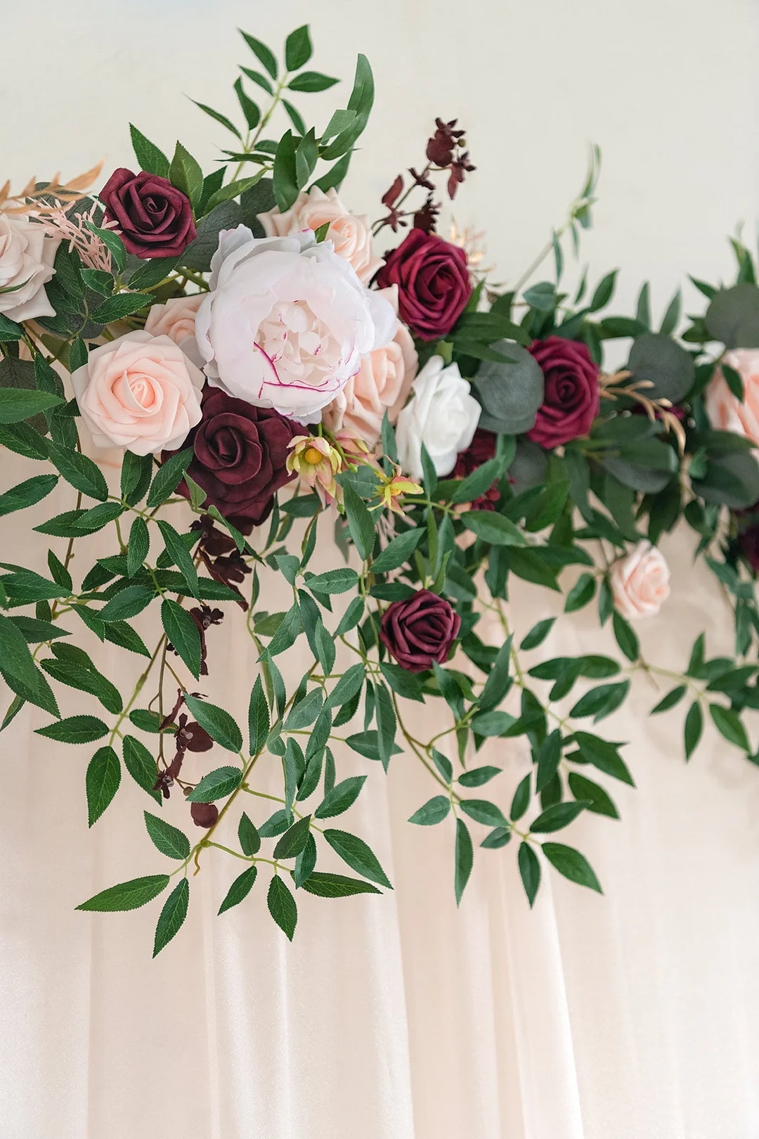 6.5ft Flower Garland with Hanging Rosa Banksiae Leaves for Ceremony Backdrop in Romantic Marsala