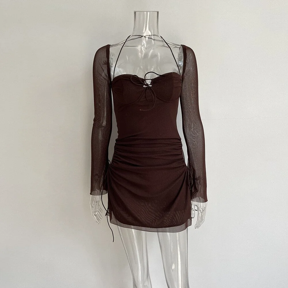 Yiallen Spring Fashion Sexy Hollow Out Bandage Slash Neck Long Sleeve Mini Bodycon Dresses For Women 2022 New Elegant Romantic