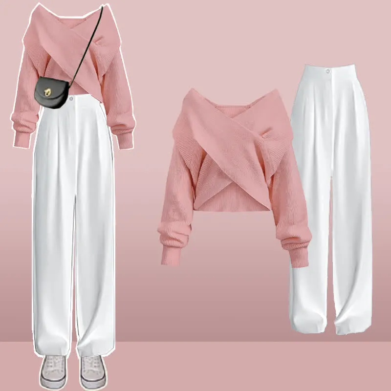 Chic Cross Knit Crop Sweater Casual Suit Pants