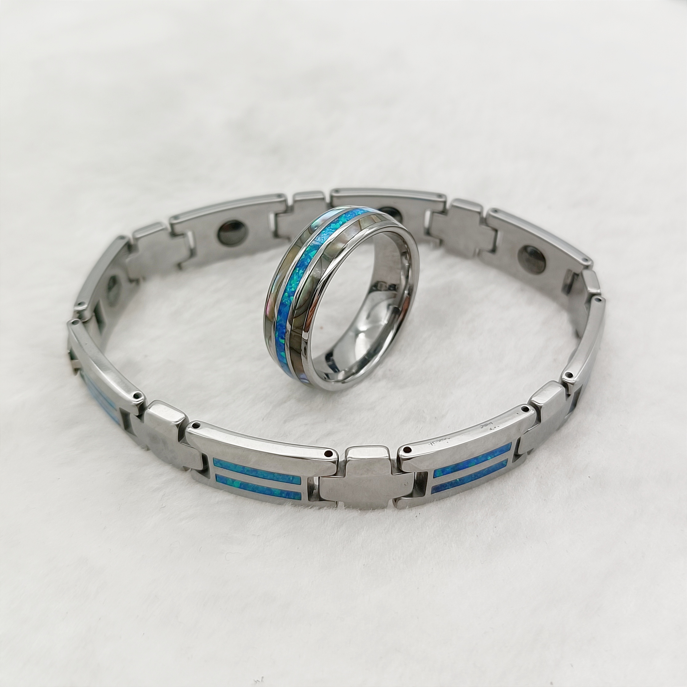 Natural Blue Opal Jewelry Beautiful Wedding Bands Finger Rings For Men And Women Tungsten Carbide Bracelets Jewelry Sets