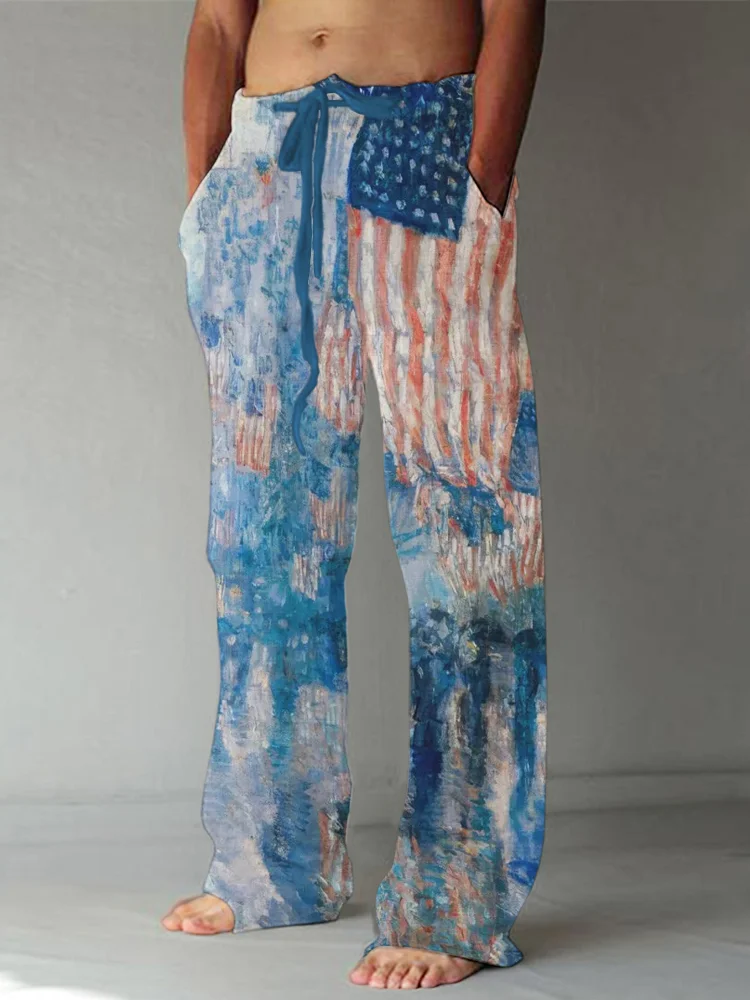 Men's Oil Painting Flag Printed Linen Casual Pants