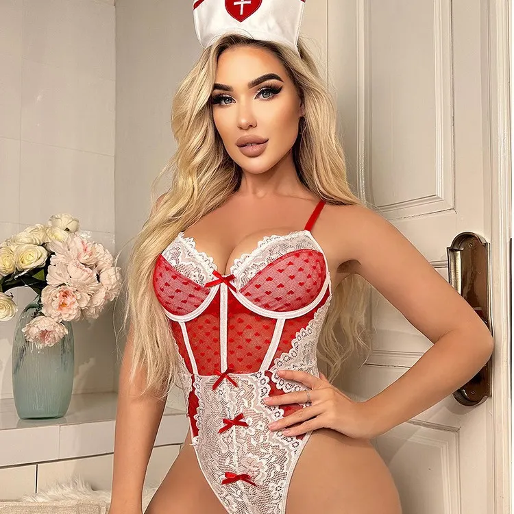 Churchf Sex Lingerie Shaping Nurse Lace Lace Bow Heart Type Perspective Sexy Suit