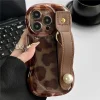 Leather case compatible with iPhone 14 15 case with wrist strap, leopard print.