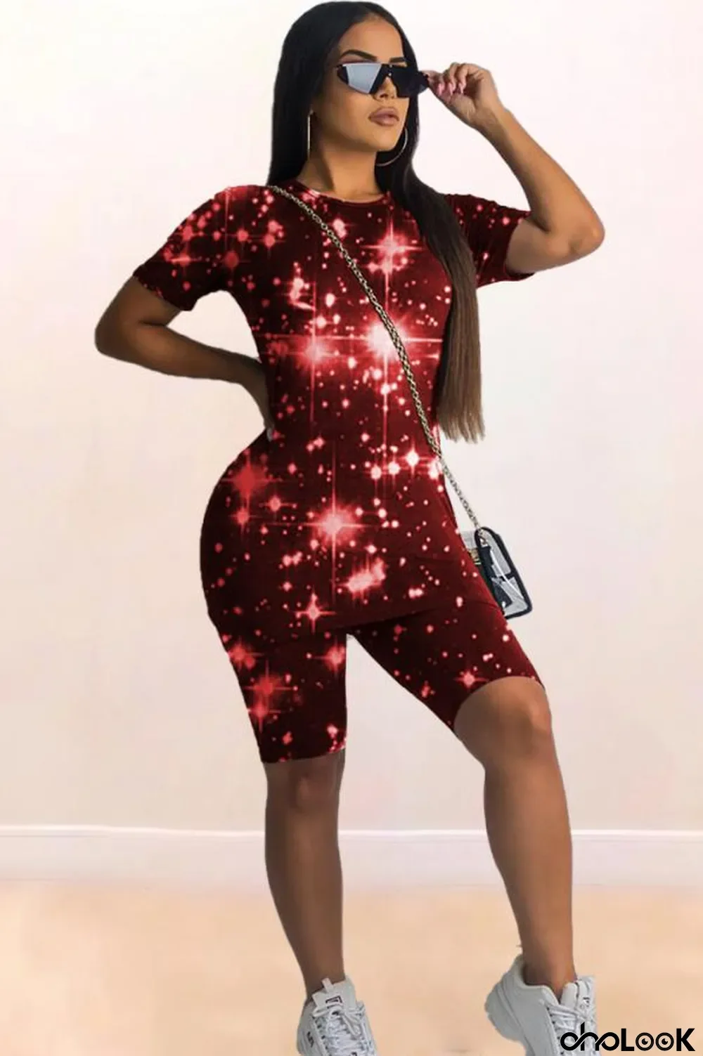 Red Polyester Casual Print Straight Short Sleeve Two-Piece Short Set