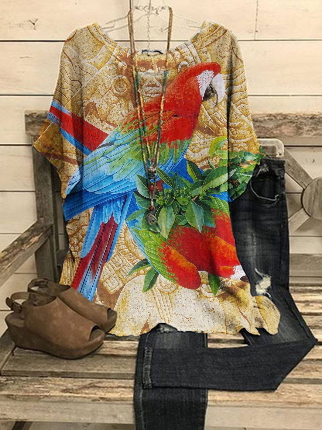 Aztec Parrot Print Round Collar Short Sleeves Loose Vintage T-Shirt