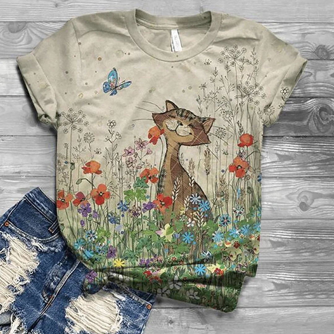 Plus Size Fashion Cute Cat Floral Blouse Shirt O-Neck Tops Tee Casual Summer Ladies Female Women Long Sleeve Blusas Pullover