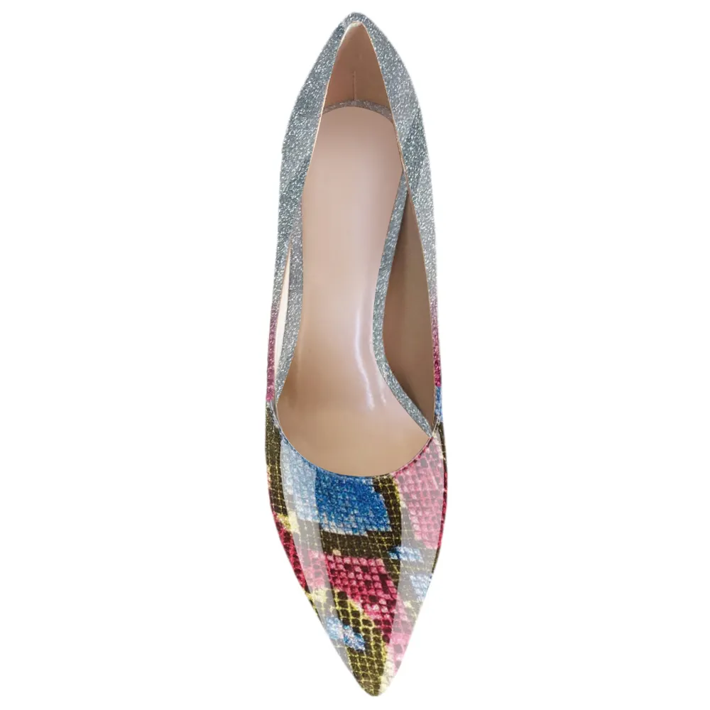 90mm Middle Heels Pointy Toe Pumps Multicoloured Gradient Color Patent-vocosishoes
