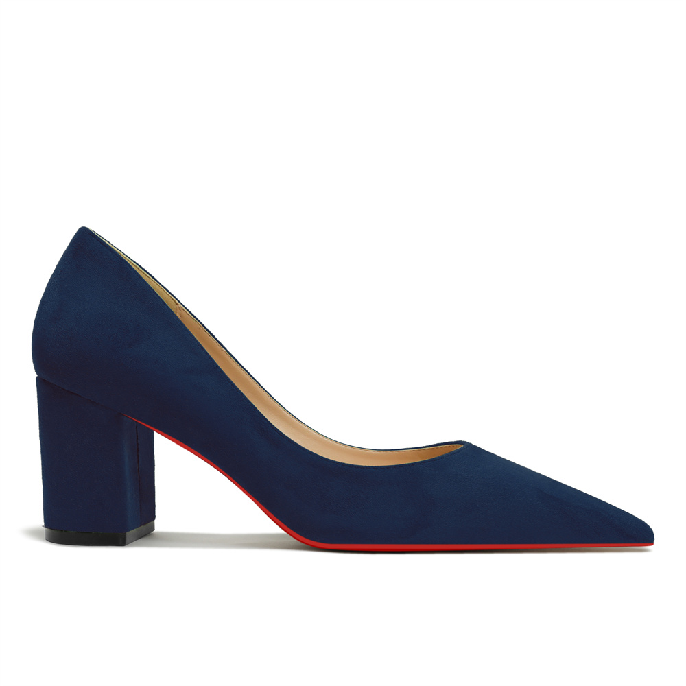 65mm Women Chunky Heels Red Bottom Shoes Comfortable Middle Block Heel Pumps Suede-MERUMOTE