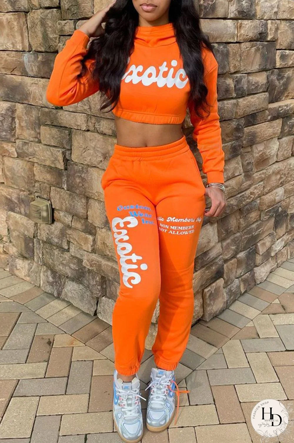 Orange Fashion Casual Letter Print Basic Turtleneck Long Sleeve Two Pieces