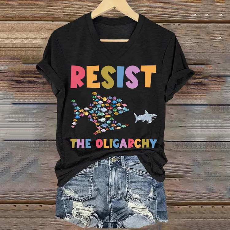 VChics Women's Resist The Oligarchy Funny Fish Printed T-shirt