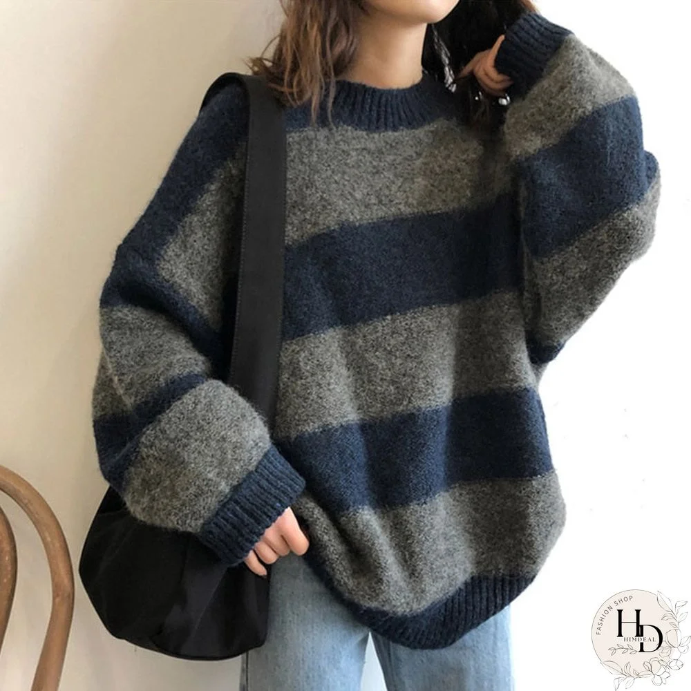 Striped Knitted Pullover Women Vintage Loose Sweater Streetwear Autumn Winter Casual Color-Block Jumper Sweaters Sueter Feminino