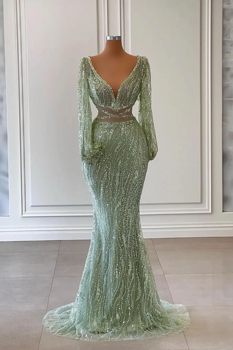 Light Green Long Sleeves Sequins Beadings Mermaid Evening Dress With V-Neck |Risias