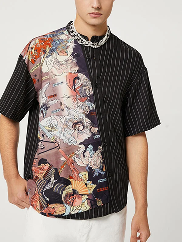 Aonga - Mens Chinese Mythology Print Striped Patchwork Shirt