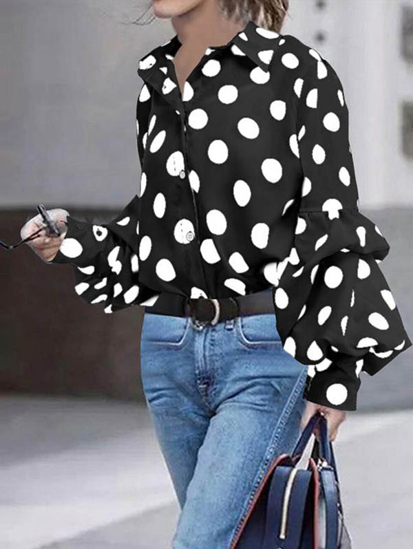 Split-Joint Polka-Dot Buttoned Puff Sleeves Loose Lapel Blouses&shirts Tops BLACK-M