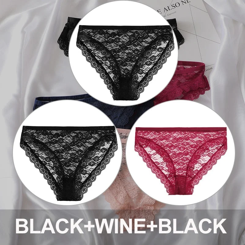 FINETOO 3PCS/Set Floral Lace Sexy Women Lingerie Panties M-2XL Plus Size Underpants Transparent Female Comfortable Briefs Girls