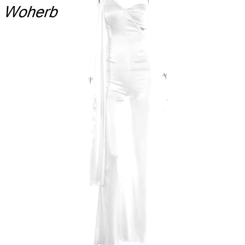 Woherb Contrast Color Patchwork One Shoulder Ribbons Women Jumpsuits Sexy Satin Slim Backless Jumpsuit Lady Streetwear Overalls